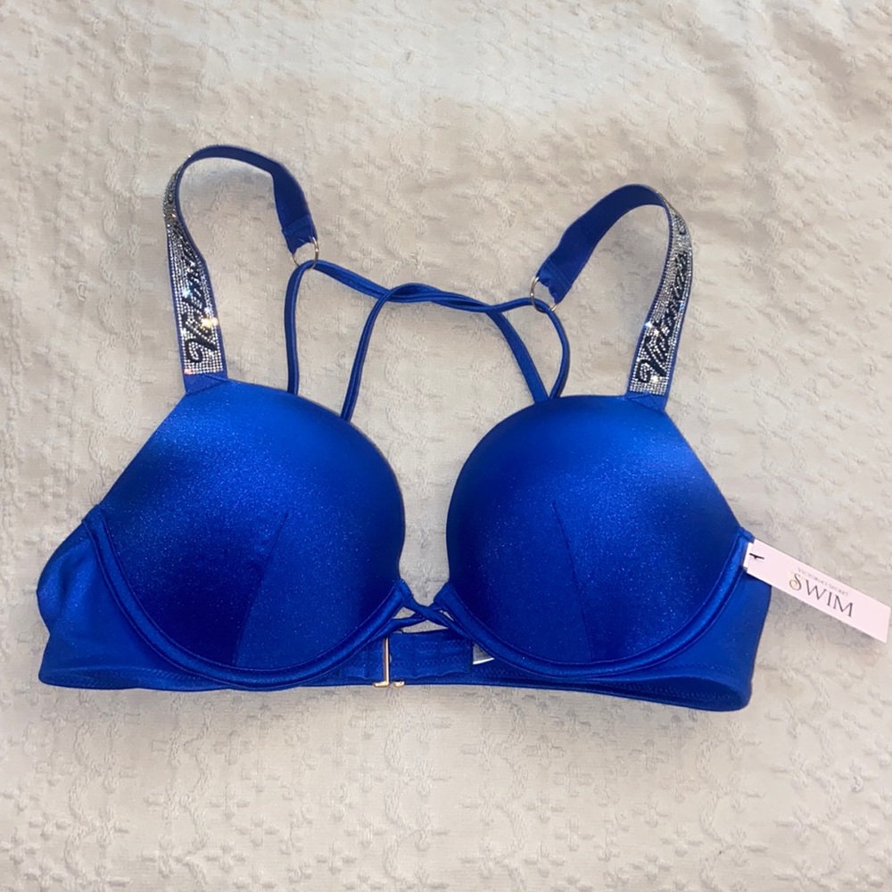 NWTS VICTORIAS SECRET SWIM BIKINI TOP BOMBSHELL PUSH UP SHINE STRAP LOGO 36B